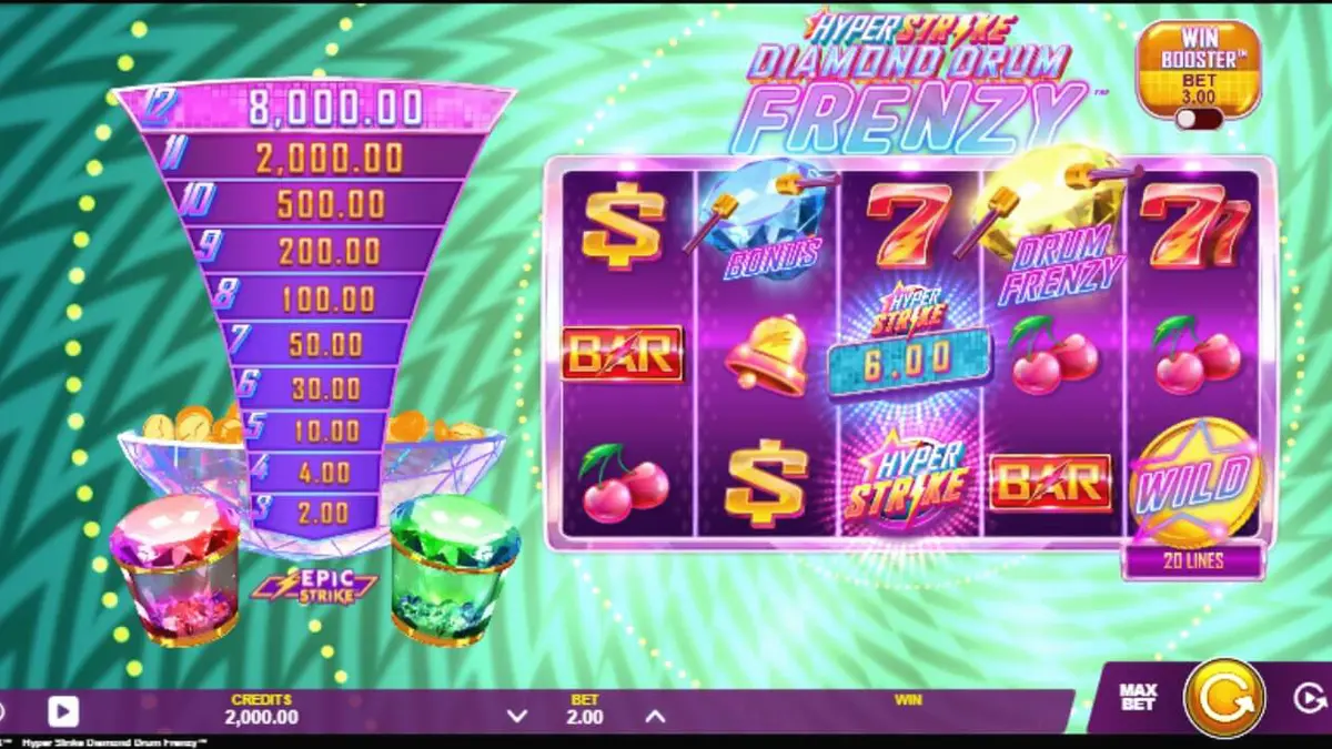 Tampilan visual slot Hyper Strike Diamond Drum Frenzy dengan tema neon retro