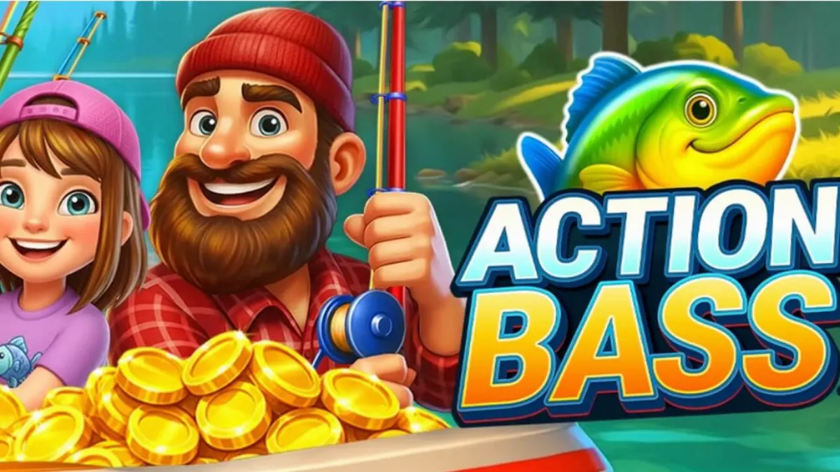 Pemandangan memancing yang tenang dengan simbol bertema peralatan memancing di slot Action Bass