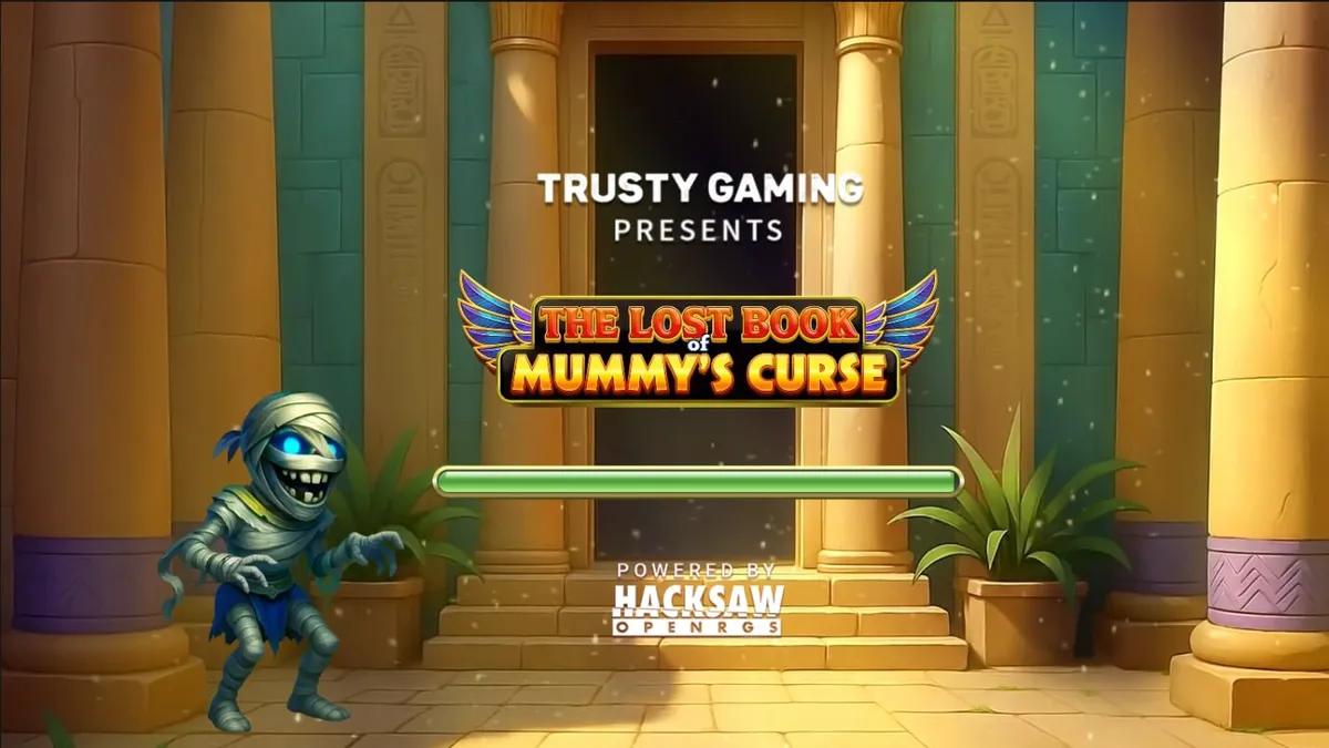 Tampilan visual slot The Lost Book of Mummy’s Curse dengan tema Mesir kartun